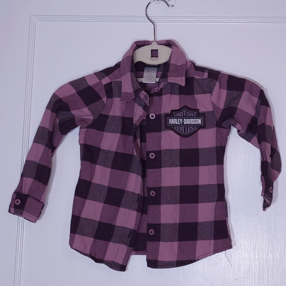 Harley-Davidson Kids Purple Black Buffalo Plaid Flannel Button Down Shirt 4/5